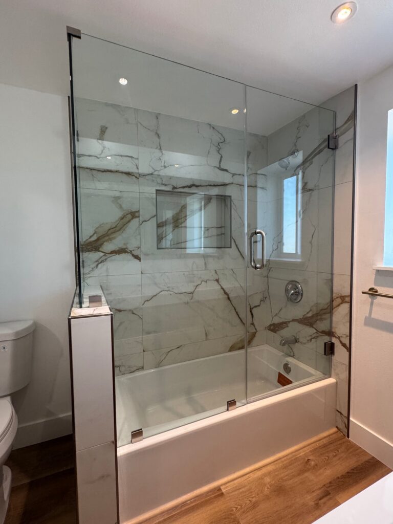 Shower with niche and marble-look tile, Anaheim, CA