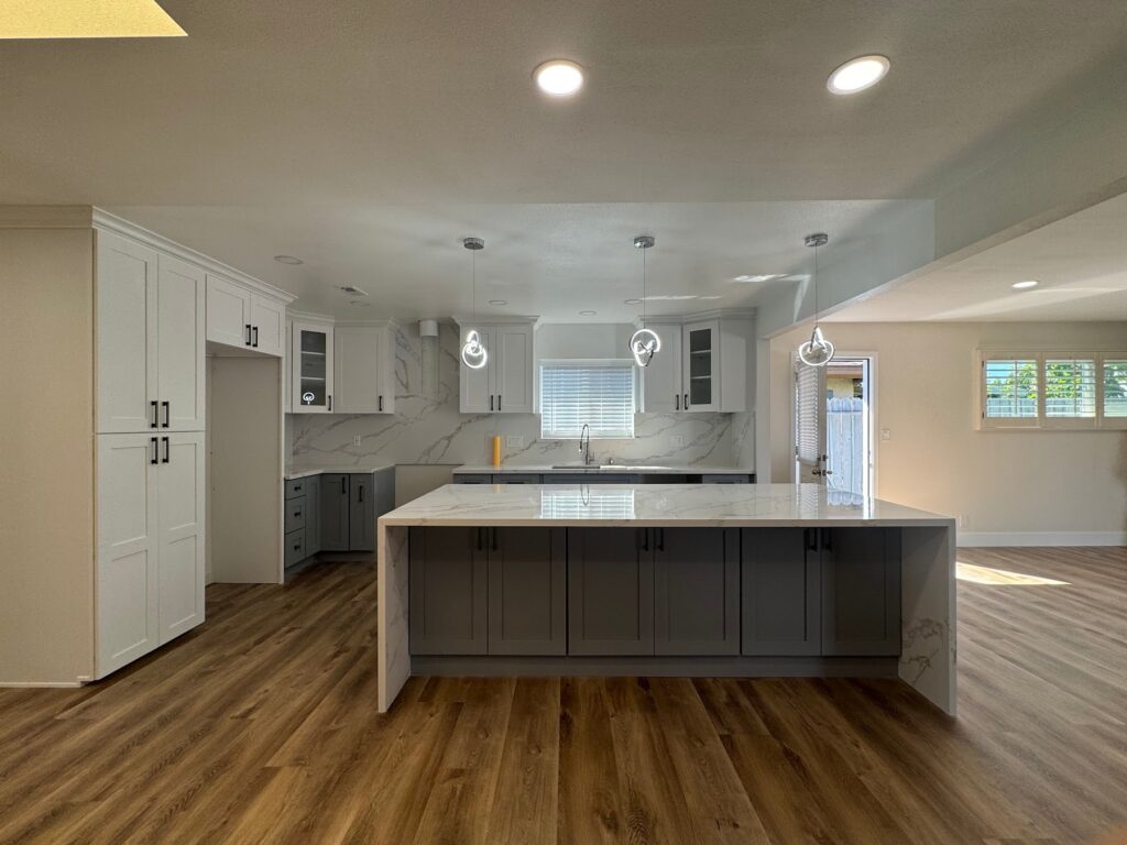 Remodeled kitchen with waterfall quartz island, Anaheim, CA