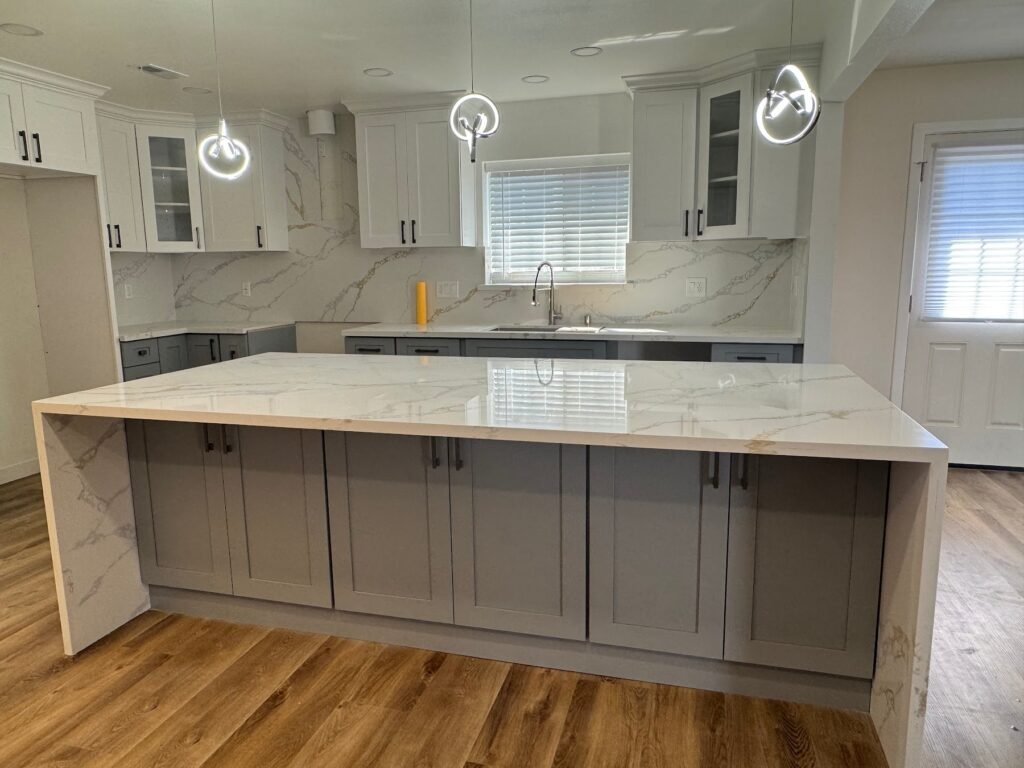 Kitchen island and two-tone cabinets after remodel, Anaheim, CA