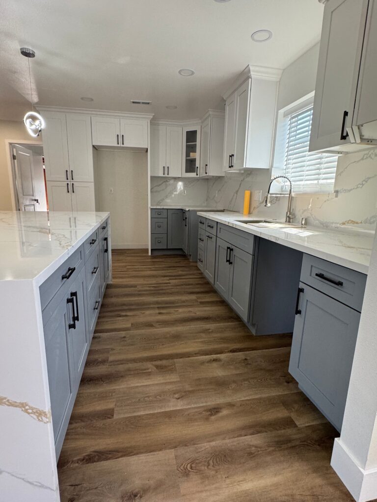 Kitchen sink wall with quartz backsplash, Anaheim, CA